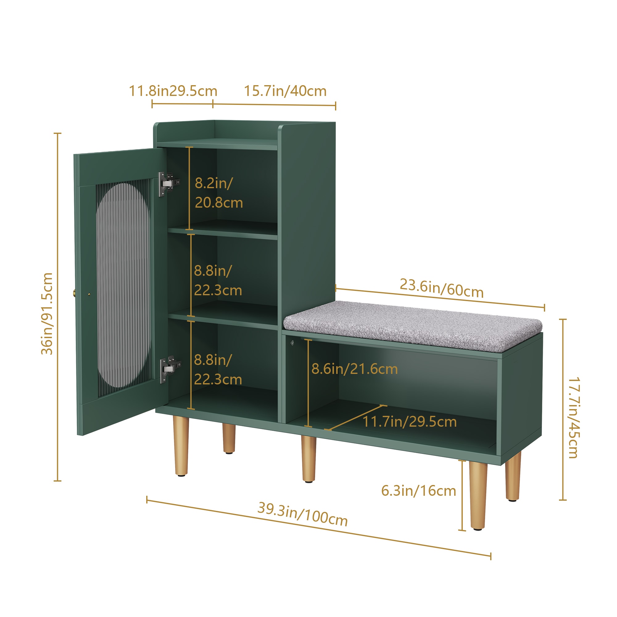 Shoe Cabinet For Entryway, L-Shaped Shoe Storage Bench With Padded Seat, Modern Organizer With Glass Door And Shelf For Hallway, Bedroom, Green_maomaolike.com